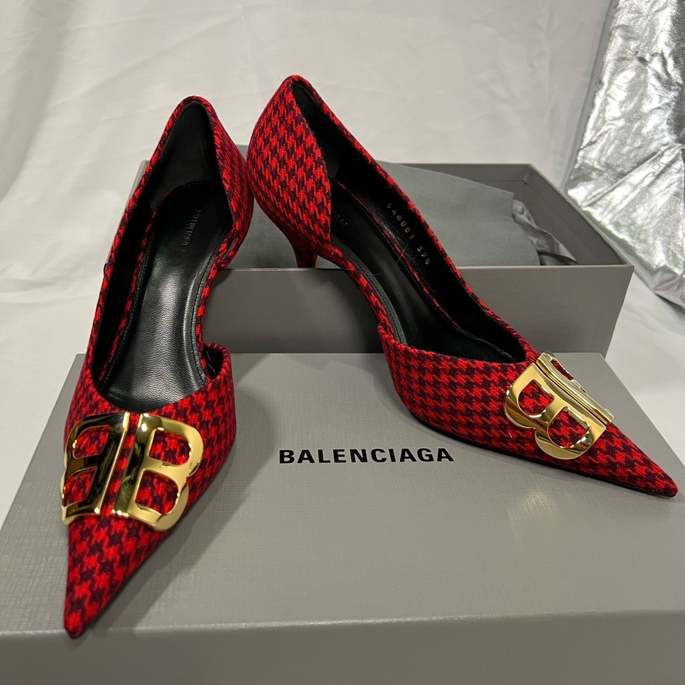 Balenciaga Red BB Logo Houndstooth Wool heels